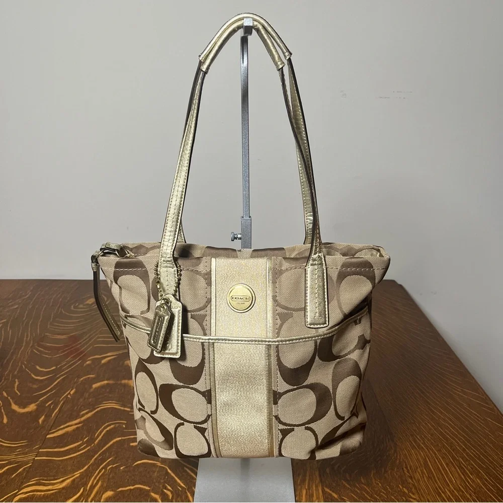 Coach Beige and Gold Signature Stripe Tote